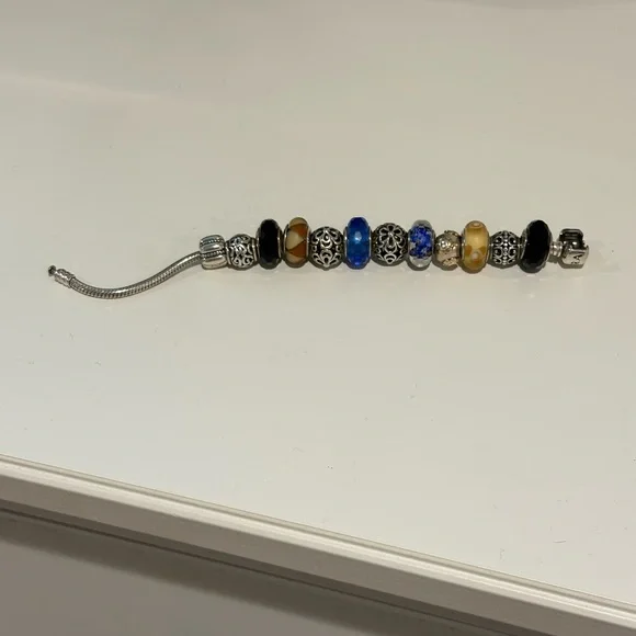 Pandora Silver Charm Bracelet with Blue and Black Beads - Picture 1 of 8